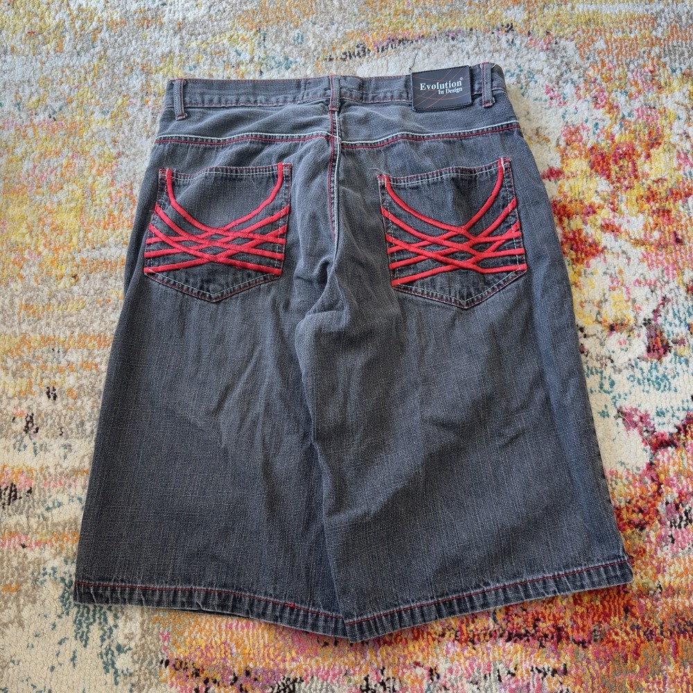 Evolution‎ Y2K Grunge Goth Grey Denim Shorts Embroidered 36 Baggy